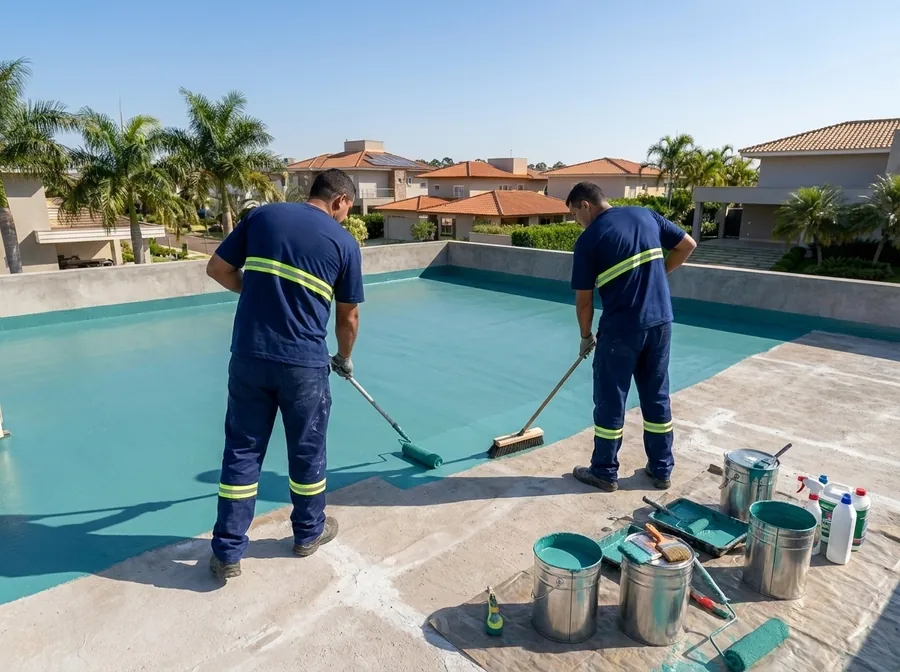 Equipe aplicando impermeabilização em laje
